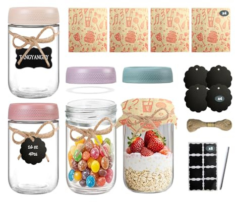 TANGYANGNY® 4 Stück 16oz Overnight Oats Gläser, Einmachgläser mit Schraubdeckel, Ideal Für Meal Prep Boxen, Hausgemachte Marmelade, Mason Jar, Einmachen, Salat. Mehrere Kostenlose Dekorative Aufkleber