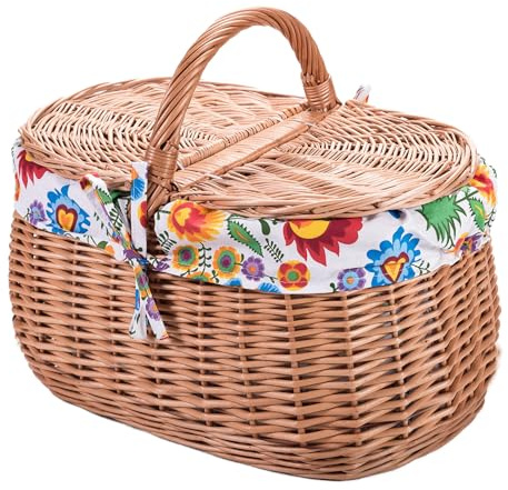 Wiklinowy Świat - Piknickorb aus Weide mit Baumwollfutter – Handgeflochtener Picknickkorb mit Stoffeinsatz, robust, leicht – Ideal für Ausflüge, Garten, Strand und Camping, weiße geblümte Einlage