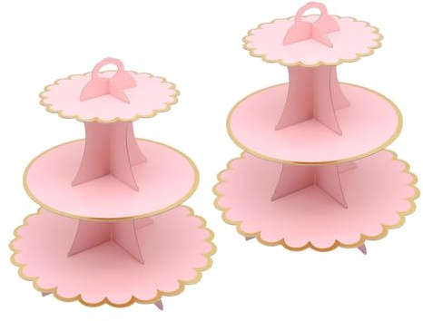 Eidoct 2 Pack Cake Stand 3-Tier Cardboard Cupcake Stand, Cardboard Cake Stands for Afternoon Tea, Dessert Tower for Party, Round Dessert Tower for Birthday, Wedding and Baby Shower (Pink - 2Pcs)