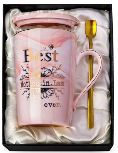 Svärmor födelsedagspresenter, Best Mother in Law Ever mugg, 41 ml rosa marmor mamma mugg med guldtryck, present till mamma från svärdotter eller svärson, bröllop jul kaffekopp present, fin