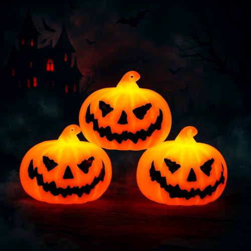 Shengruili Halloween 3Pcs Kürbis Laterne, Kürbis Deko Outdoor, Beleuchtet, Herbst Deko, für Tischdeko, Halloween Party, Garten Dekofigur
