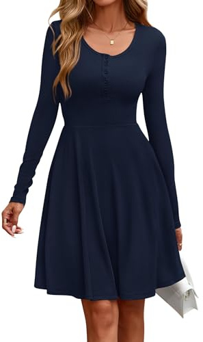 EIRUKON Damklänning, långärmad rund hals, höstklänning, elegant tröjklänning, ribbad knälång, ledig höst, vinter, A-linje, midiklänning med fickor
