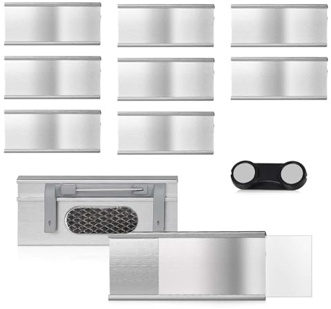 Placa de Nombre Magnética, 10 Piezas Etiquetas de Nombre Magnéticas de Aluminio, 72 x 31 mm Placa Identificativas Magnéticas de Aluminio, con Alfiler y Clip, para Ropa, Oficina, Ferias, Escuela