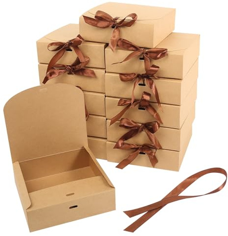Presentask med lock, 12 stycken 16 x 16 x 5 cm kraftkartong presentkartong brun presentlådor kraftpapper, presentförpackning låda för bröllop födelsedag jul