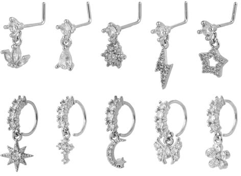 Mikovivi 10stk Baumelnde Nasenringe, Silberne L-Förmige Nasenstecker Baumelnde Nasenringe mit Creolen Designs mit Blumen Blitzen Sternen und Schmetterlingen Nasenpiercing-Schmuck für Damen