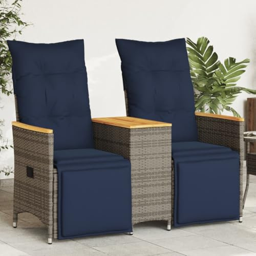 Ziaphsol Gartensofa Verstellbar 2-Sitzer Grau, Poly Rattan Loungesofa mit Tisch, UV-beständig, Outdoor Möbel Set für Terrasse und Garten, Akazienholz Akzente