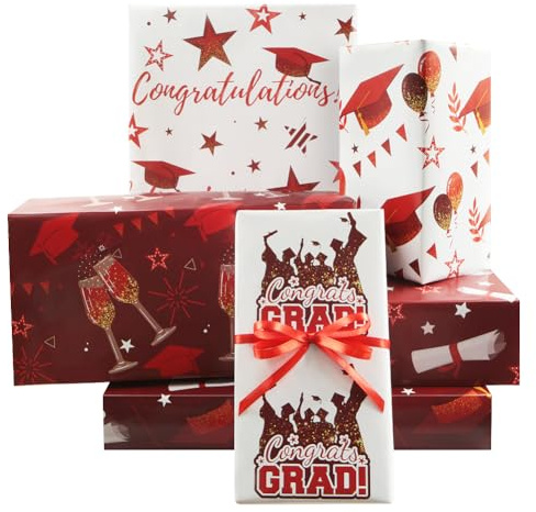 Carta da regalo per laurea, 6 fogli, motivo: cappello di laurea, diploma, stella di champagne, palloncini, colore marrone, carta da regalo per cerimonie scolastiche, feste, congratulazioni