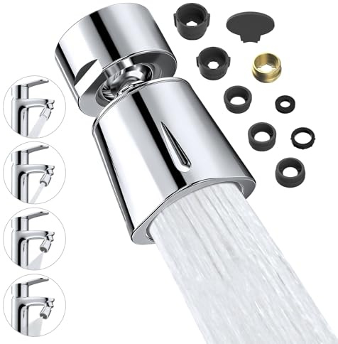 Hibbent Wasserhahn-Aufsatz mit 4 Strahlarten, 35° Neigbar, Chrom | 360° Drehbar & 35° Neigbar Strahlregler Küche, Messing-Drehkugel, 22mm Innengewinde inkl. 6 Adapter