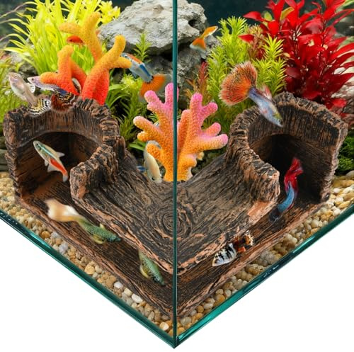 Zorivane Aquarium Underground Corner Cave with 2 Simulated Resin Coral, Natural-Looking Wood-Like Bet-ta Fish Hideout Fish Tank Decorations, for Avoid Aggressive Behavior