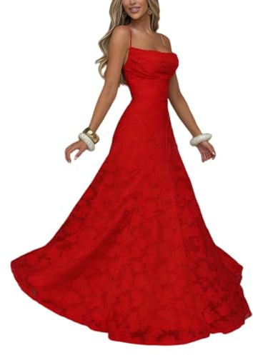 Abito da damigella d'onore lungo floreale con collo ad anello in pizzo abito da ballo Maxi una linea abito da sera Fomal o spaghetti floreali femminili, Rosso, S