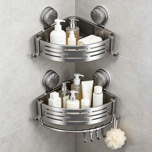 Rainway Mensola per doccia ad angolo a ventosa, 2 pezzi, ripiani ad angolo con porta asciugamani e ganci, mensola da parete senza foratura, portaoggetti e organizzazione del bagno (grigio)