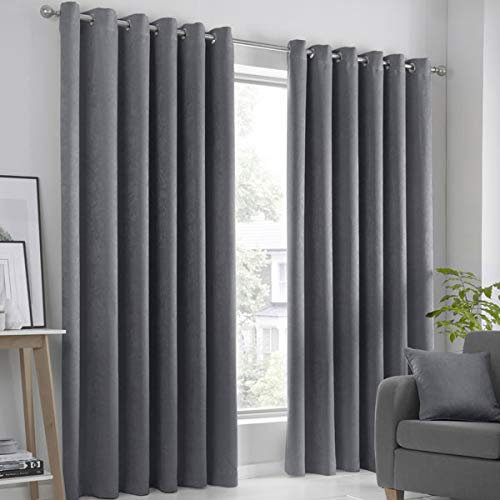 Fusion Strata Woven Eyelet Lined Curtains, Charcoal, 90 x 72 Inch