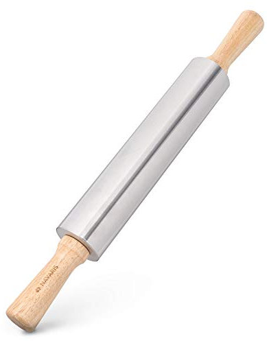 Navaris Stainless Steel Rolling Pin - Non-Stick Steel Rolling Pin with Wooden Handles for Baking, Cooking, Cookies, Biscuits, Pizzas, Dough- Silver