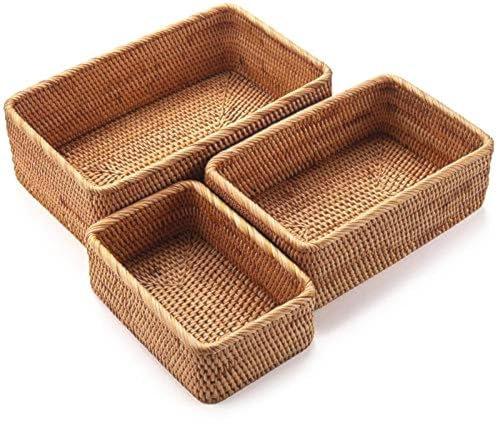 Cesto di Frutta Rotonde in Rattan, Ciotole in Cesta di Vimini Naturali, Organizer in Intrecciate per Cucina/Sala da Pranzo (Rettangolare)