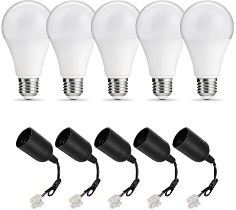 PerfectHD 5x Baufassung Set | E27 | LED Birne 15W | 1250 Lumen 4000K | Renovierfassung Lampenfassung Baustellenfassung | 11 cm Anschlussleitung | inkl. Aufhänger | 5 Stück