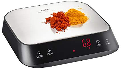 GEFU Fein- & Küchenwaage PREZISO | Digitalwaage 1 g–3 kg mit 0,1 g Teilung, Barista-Funktion, LED-Display | Für Kaffee, Tee, Gewürze, Backen | Edelstahl, inkl. Batterien