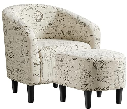 Yaheetech Modren Club Chair with Ottoman, Fabric Accent Armchair with Footstool, Upholstered Barrel Chair and Footrest for Living Room Bedroom Guestroom, Letter Print