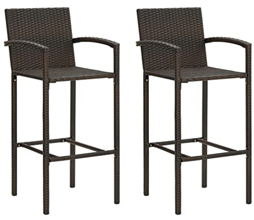 Makastle 2er-Set Barhocker Outdoor Barstuhl mit Fußstütze & Armlehne, Tresenhocker Bistrostuhl Thekenhocker Bar Stuhl Hocker für Outdoor Garten Terrasse, Poly-Rattan, Stahlgestell, Wetterfest, Braun