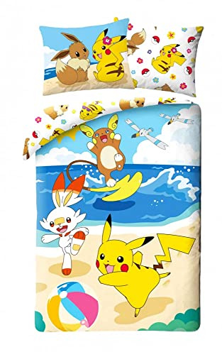 Parure de Lit Pokemon Beach Réversible, 100% Coton, Housse de Couette 140x200 cm + Taie d'oreiller