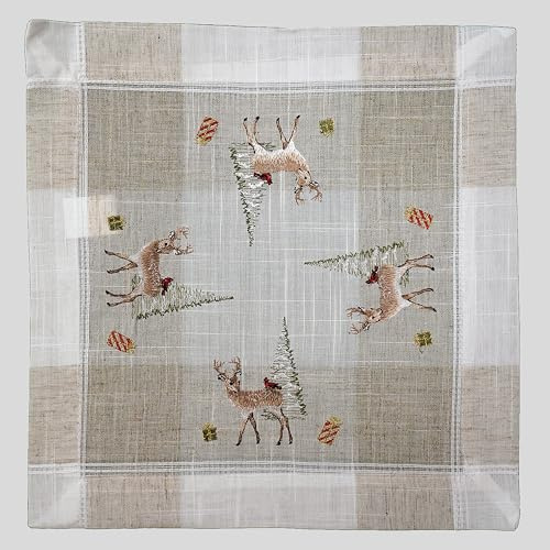 Tischdecke Mitteldecke Tischläufer Deckchen Kissenhülle Herbst Winter Weihnachten 15% Leinen beige Bestickt mit Rehe und Bäumen (60 x 60 cm)