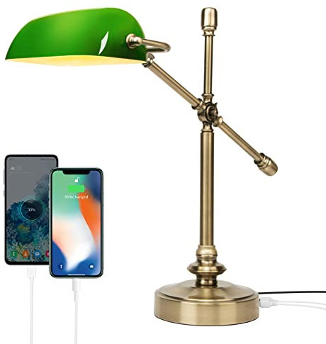 FIRVRE Grün Bankerlampe Schreibtischlampe Touch Control Leselampe mit 2 USB-Ladeanschluss Tischlampe 3 Wege Dimmbare Bürolampe mit Verstellbarem Arm für Home Office Bibliothek Klavier