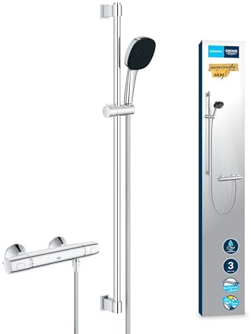 GROHE Precision Trend - Exposed Thermostat Shower Set With Square 11 cm Hand Shower, 3 Sprays, 1.75 m Hose, 90 cm Rail, Safety Functions, Water Saving, Chrome, 34855003