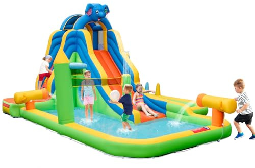 COSTWAY Inflatable Water Park, Kids Bouncy Castle Jumper House with Slide, Climbing Wall, Water Cannons, Basketball Hoop, Outdoor Blow Up Bounce House for 3+ Years Old