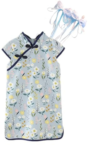 DUDUFUN Baby Kleinkind Mädchen süß Panda Blume Pferd Cartoon Druck Baumwolle EIN Loses Cheongsam Qipao Kurzärmeliges Kleid+2 Haarnadel (Etikett:100)