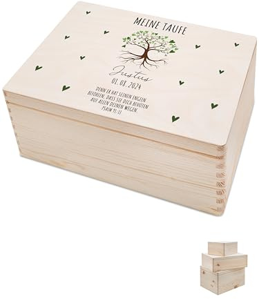 Bärenfreunde - Personalisierte Erinnerungsbox Baby mit Spezial-Druck - Individuelle Baby Erinnerungsbox - Erinnerungskiste Taufe - Geschenk zur Taufe (M | Klappdeckel,Baum grün Taufe)