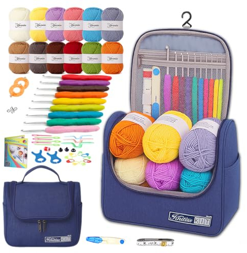 Knitiss Crochet Kits for Beginners Adults, All in One Crochet Starter Kit with 12 Pcs Crochet Yarn, 9 Size Ergonomic Crochet Hooks 2.0mm~6.0mm