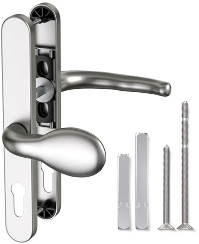Bwintech 1 Pcs Satin Nickel Stainless Steel UPVC Door Handle,Lever/Pad Split Offset 60 and 92mm Backset,211mm Screw Hole Distance, 243mm Plate Length Front Door Handles for UPVC Door