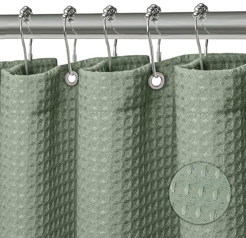 BULOVETE Duschvorhang Waschbar Textil Polyester Stoff Bad Vorhang mit 12 Duschvorhangringe Wasserdicht für Dusche und Badewanne 180 x 180 cm Waffel Grün