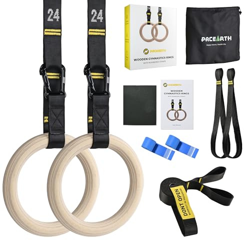 PACEARTH Gymnastics Rings 32mm Wooden Olympic Rings Support 1500lbs Locked Carabiners 9ft Double-Layer Numbered Straps Non-Slip Gym Rings with Foot Straps Door Anchor for Home Gym Full Body Workout