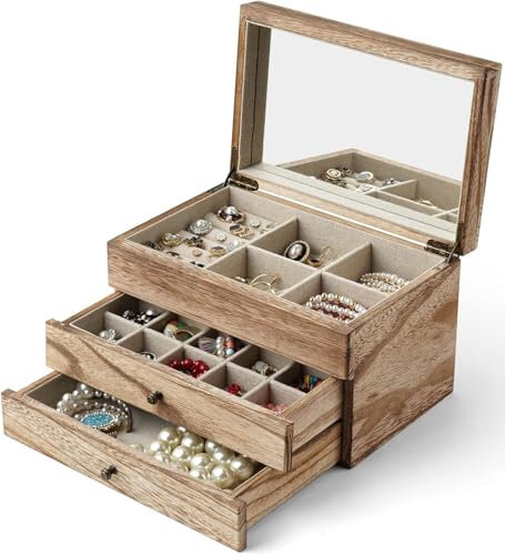 Schmuckkästchen 3 Ebenen, Schmuckkasten mit 2 Schubladen, schmuckkästchen holz mit Spiegel, Schmuck Organizer für Ringe, Ohrringe, Halskette, Uhren, Armbänder