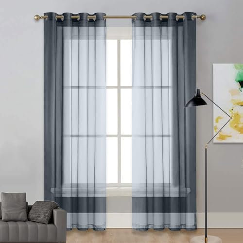 LIUNADM Voile Scheibengardine 75 x 265 cm Polyester, mit Ösen Transparent Querbehang Gardine Durchsichtig Tüllstoff für Wohnzimmer Landhaus Kleine Fenster, Grau