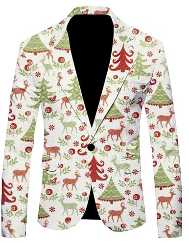 Men's Christmas Blazer Reindeer Pattern Suit Jacket, Festive Men's Suit Jacket, Lightweight Xmas Blazer for Men, Stylish Reindeer Print Suit for Christmas, Red Men's Party Suit