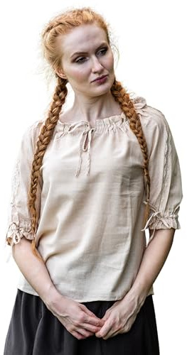 Leonardo Carbone® Damen Bluse Mittelalter Kurzarmbluse Sandra | Verstellbarer Kordelzug | Elegante Spitzenverzierung | Karneval, Halloween, Cosplay, LARP, Tunika, Hemd | 100% Baumwolle Hanf S
