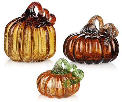 Briful Set di 3 zucche in vetro soffiato a mano per decorazioni autunnali, zucche artificiali decorative in vetro per Halloween, centrotavola del Ringraziamento, vassoi a più livelli e decorazione da