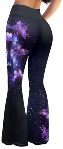 Ypexeognv Purple Butterfly Galaxy Black Women’s Flare Leggings Work Lounge Pants Gym Trousers Compression Flared Wide Leg Pants for Women Soft Bell Bottom Tights High Waisted
