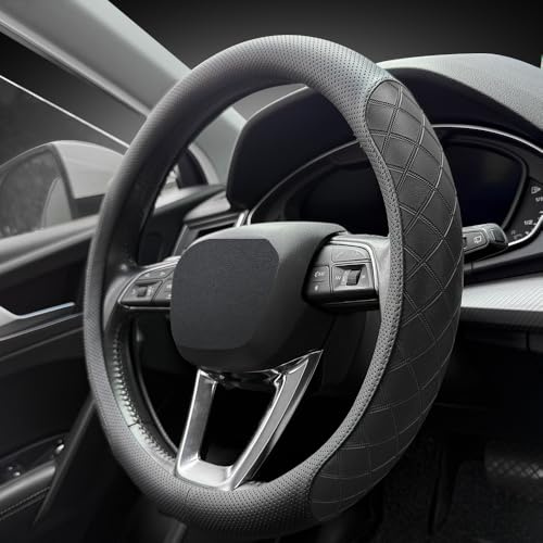 LKWLIKEI Nappa Leather Steering Wheel Cover, Elegant Diamond Checkered Design, Non-Slip wear-Resistant, Enhance Driving Comfort, Suitable for Steering Wheel Diameter 14 1/2‘-15’ Models.Black