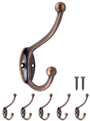 Fuxxer 5x Antike Doppel-Garderobenhaken aus Eisen, Vintage Kupfer Design, 95mm, Wandhaken