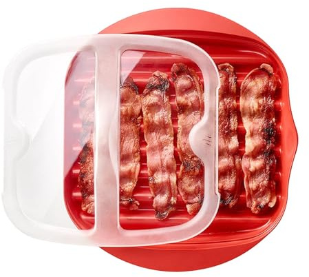 Hahhhha Microwave Bacon Tray with Splatter Lid,Kitchen Gadget,Make Crispy Bacon in Minutes with Single Tray Cooking(Red)