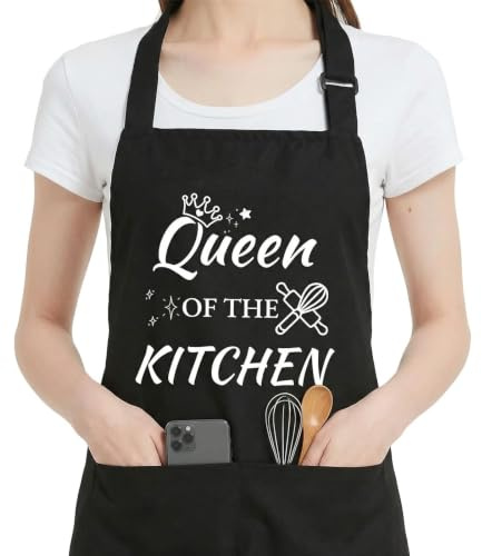 Kochschürze Damen Schwarz, Küchenschürze Damen mit Personalisiertem Taschen | Verstellbare Kochschürze Lustig mit Aufdruck Küchen Königin, Schürze Damen für Backen und Grillen, 60cm x 81cm