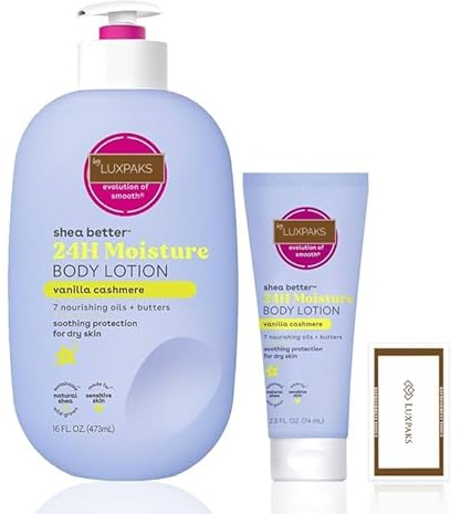 Skincare Set: E.O.S Vanilla Cashmere Lotion Duo + LUXPAKS Wipe | Full-Size & Travel Lotion Set, Vanilla Cashmere Scent, LUXPAKS Cleansing Wipe Included
