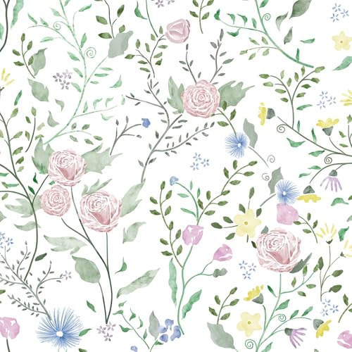 Fiula Selbstklebende Tapete Klebefolie Möbel Weiß Blumentapete Folie 44CMx3M Möbelfolie Selbstklebend Blumig Pink Grün Wasserdicht für Wohnzimmer Dekorfolie Vinyl Wrap Peel and Stick Wallpaper