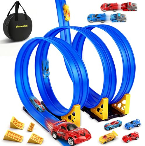 Charmofun Pista Macchinine Flessibile 5M, Giocattolo Piste da Corsa con 4 Auto, Borsa Stoccaggio, Circuito di Corse per Bambini con Rampa e Catapult, Portatile Pista per Bambini 3+ Anni (Blu)