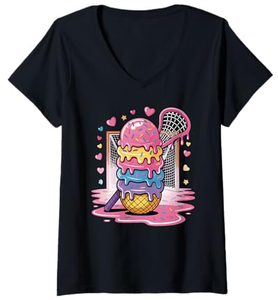 Womens Lacrosse Drip Lax Helmet Ice Cream Sticks Youth Girls Kids V-Neck T-Shirt