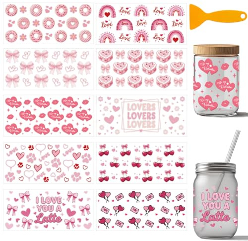 arricraft 10 Blatt UV DTF Becherfolien Zum Valentinstag 10 Stile Rosa Herz Liebe Schleife PVC Transfer Aufkleber Wasserdicht Abziehbilder Für 16 OZ Glas Tassen Handwerk 9.5x4.3 Zoll