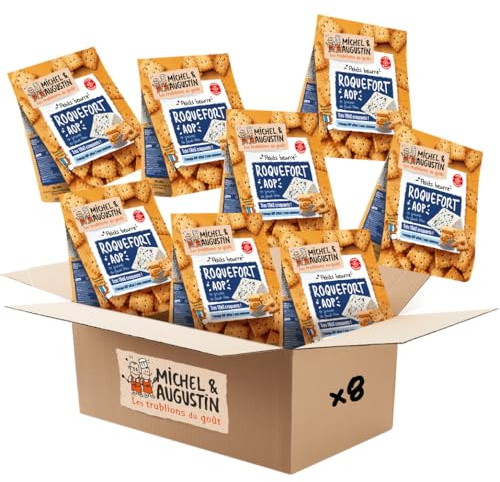Michel & Augustin – Petits Beurre Salés au Roquefort AOP et Graines de Pavot Bleu – Biscuits Apéritifs Gourmands – Fabriqués en France – 100g x 8