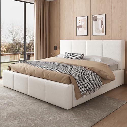 WIZBED Polsterbett 180x200 mit Kopfteil, Doppelbett mit Lattenrost, Bettgestell, Rückenlehne Jugendbett, Ohne Matratze, Chenille, Beige